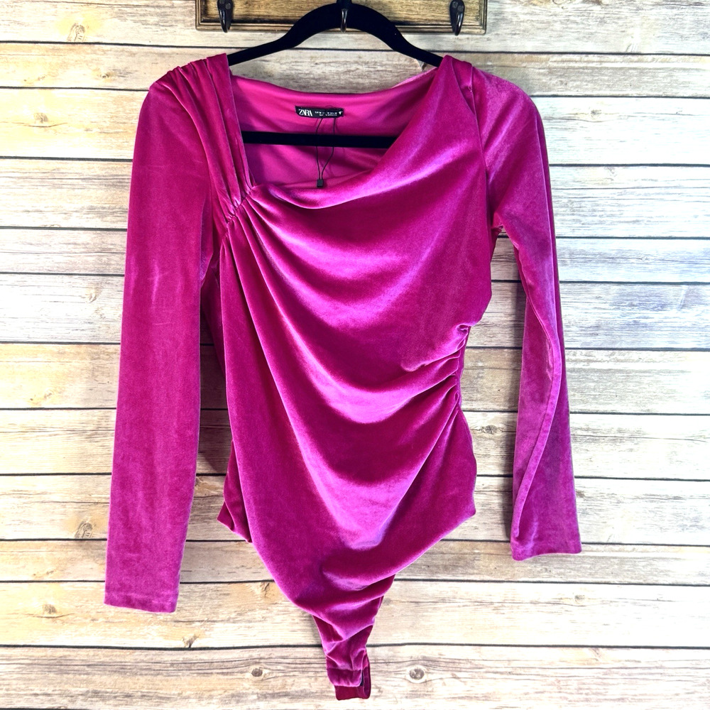 Zara Womens Magenta Pink Velvet Asymmetric Draping Long Sleeve Body Suit M